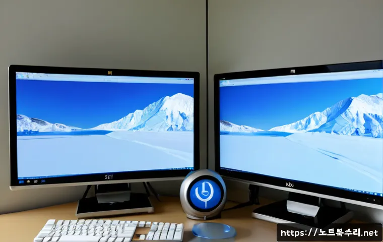 유양동 WIN32K_POWER_WATCHDOG_TIMEOUT - Photorealistic IT support workstation in a modern Yuyang-dong office, dual monitors showing a frozen...