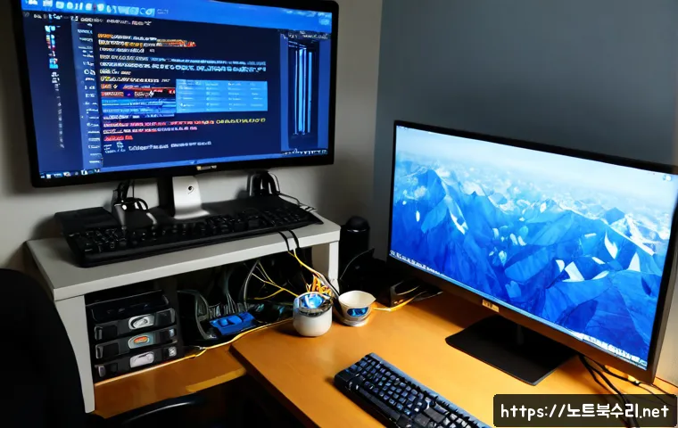 귤현동 DRIVER_CORRUPTED_EXPOOL - Photorealistic IT support workstation in a compact Gyehyun-dong apartment office, dual monitors show...