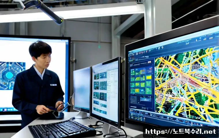 남동 STATUS_KERNEL_NETWORK_ERROR - Photorealistic industrial design workstation in Namdong, Incheon, dual monitors showing an abstract ...