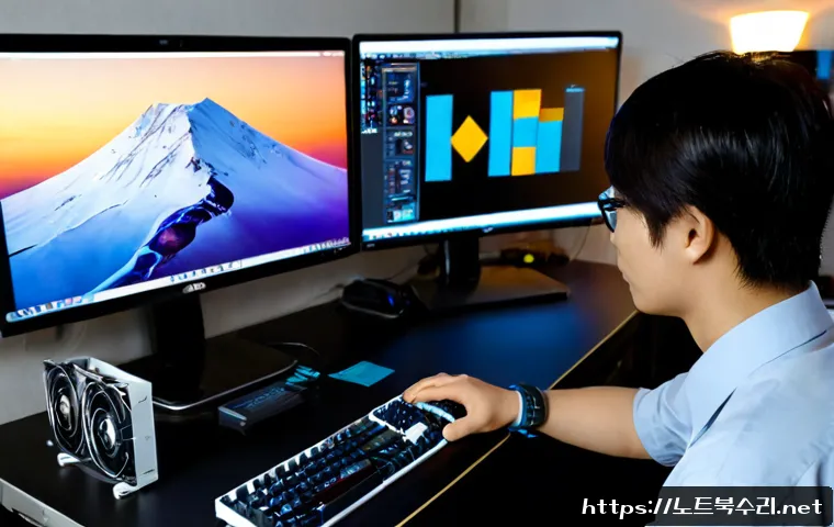 대야동 KERNEL_STACK_INPAGE_ERROR - Photorealistic IT support workstation in a compact Daeya-dong apartment office, dual monitors showin...
