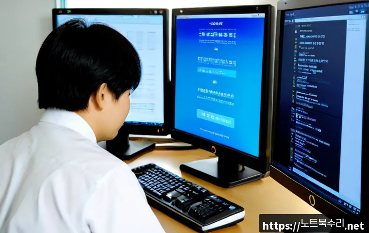 법원읍 STATUS_STACK_BUFFER_OVERRUN - Photorealistic remote-support workstation in a quiet Korean courthouse township office, dual monitor...