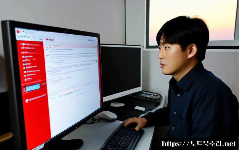 계수동 SYSTEM_LICENSE_VIOLATION - Photorealistic IT support workstation in a compact Gyesu-dong office, dual monitors showing a generi...