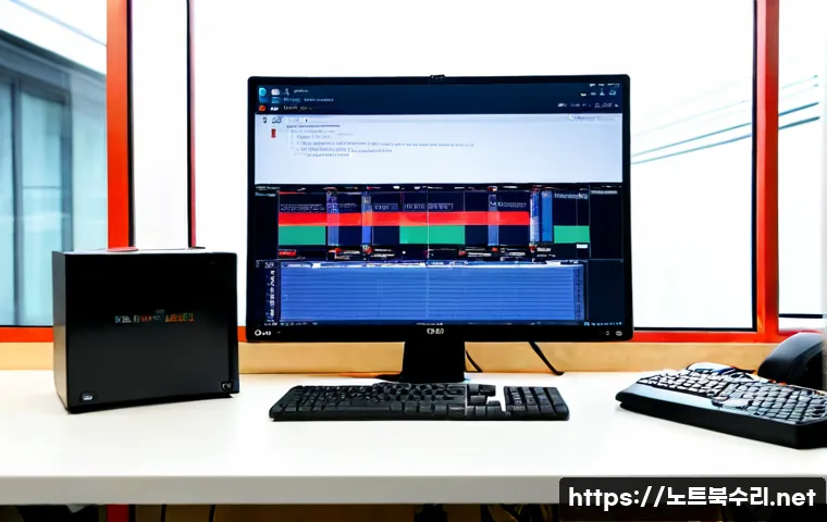 구성동 STATUS_KERNEL_DATA_CORRUPTION - Photorealistic IT support workstation in a compact Guseong-dong office, dual monitors showing a clea...