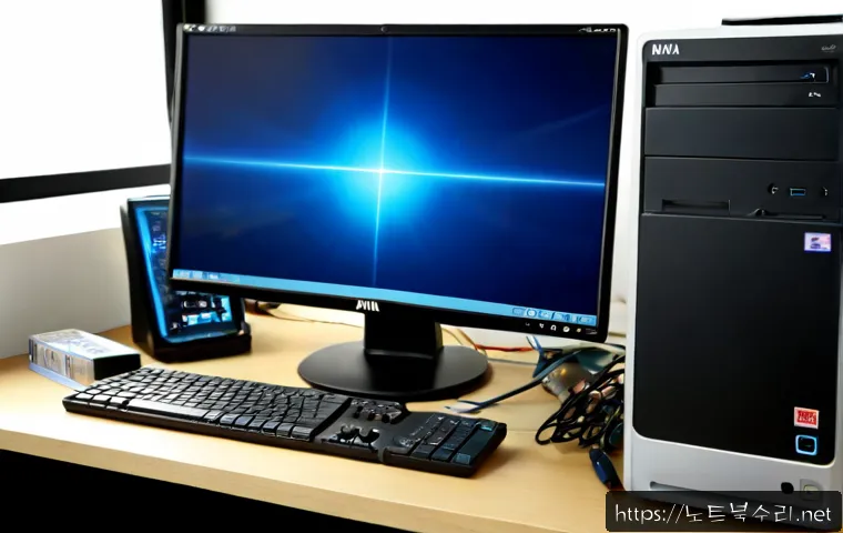 미아리 윈도우7 windows7 재설치 포맷  초기화 - Photorealistic computer repair workstation in a compact Mia-ri apartment office, desktop tower opene...