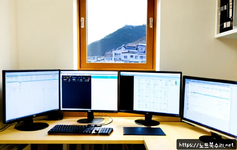 보광동 MEMORY_MANAGEMENT - Photorealistic IT support workstation in a compact hillside apartment in Bogwang-dong, Seoul, dual m...