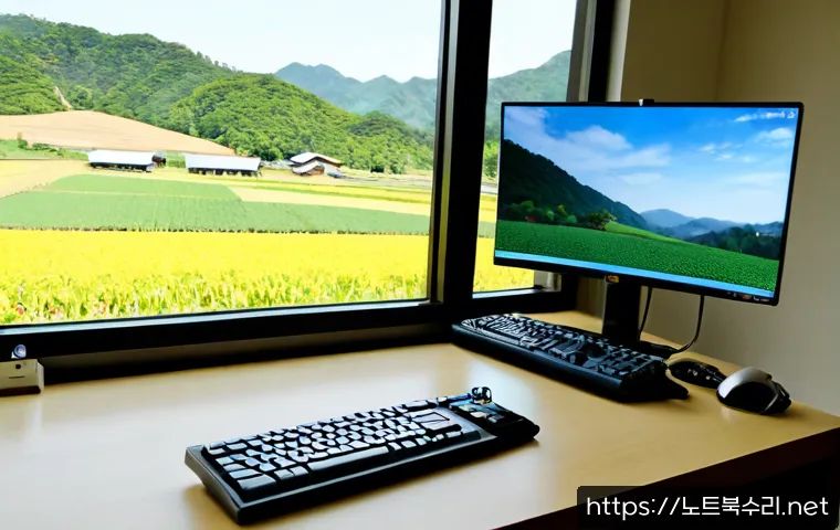 퇴촌면 PROCESS_HAS_LOCKED_PAGES - Photorealistic remote support workstation in a quiet rural Korean township office, desktop monitor d...