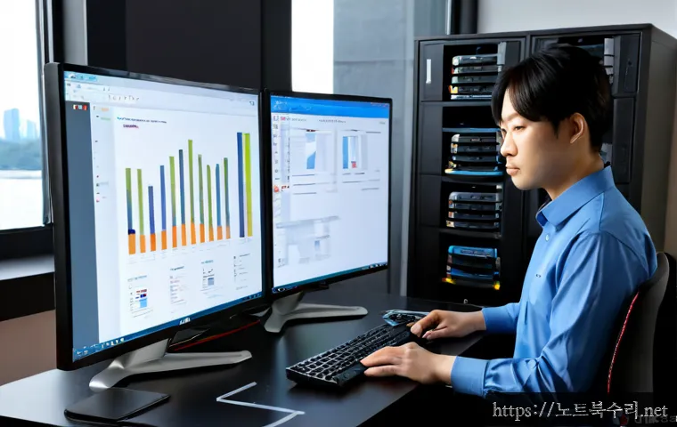 미사동 STATUS_PAGEFILE_MISSING - Photorealistic remote-support workstation in a modern Misa-dong apartment office, dual monitors show...