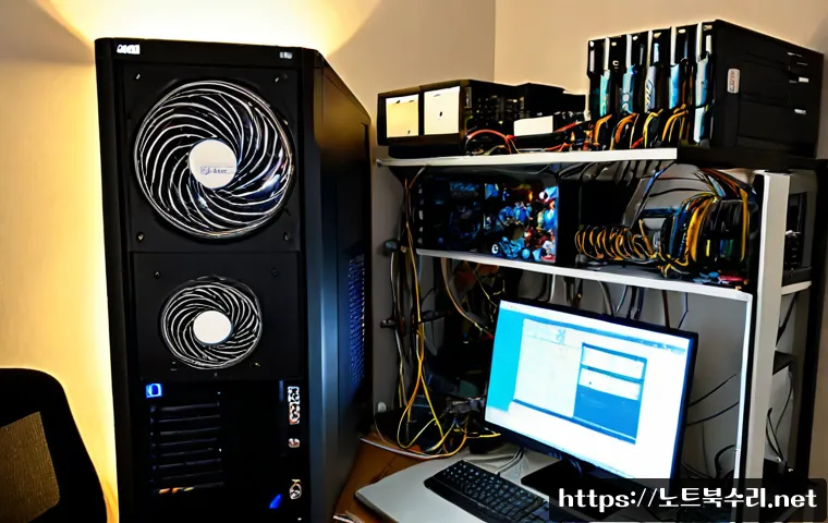 가정동 본체 꺼졌다 켜졌다 할때 - Photorealistic computer repair workstation in a compact Gajeong-dong apartment office, desktop tower...