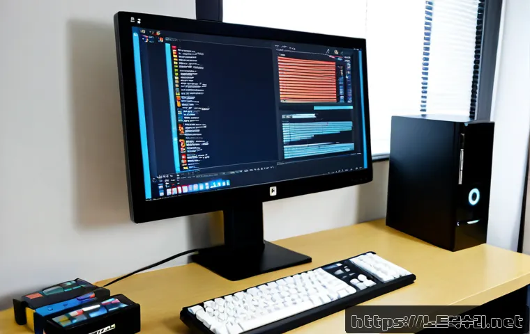 대야동 STATUS_FILE_INVALID - Photorealistic remote-support workstation in a compact Korean neighborhood office, dual monitors dis...