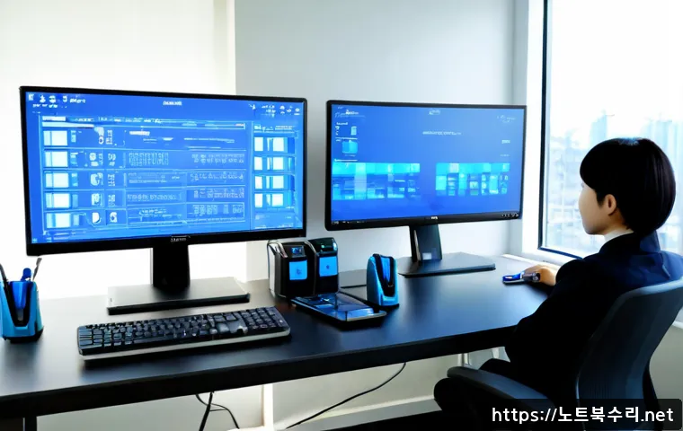 기배동 STATUS_KERNEL_EXECUTION_ERROR - Photorealistic IT support workstation in a modern suburban office, dual monitors showing abstract bl...