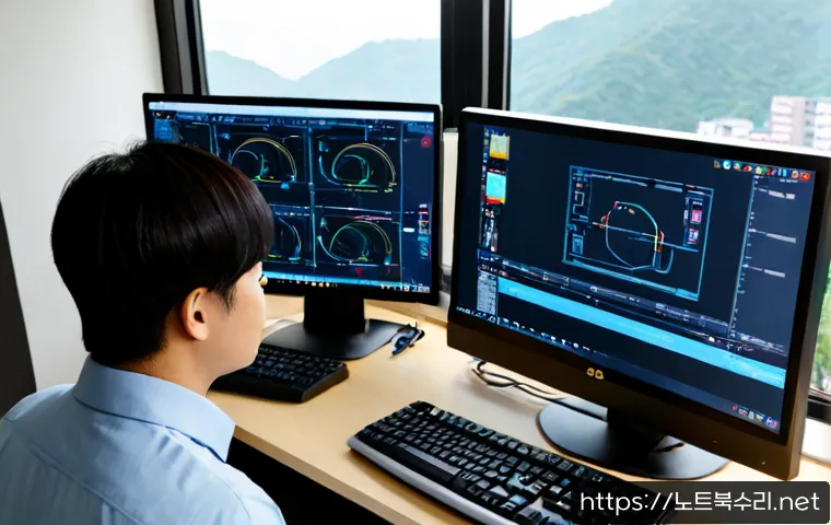 동작동 THREAD_TERMINATION_PORT - Photorealistic IT support workstation in a compact Dongjak-dong apartment office, dual monitors show...