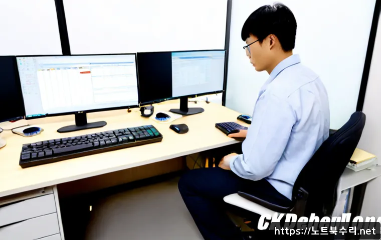 대현동 STATUS_KERNEL_ACCESS_DENIED - Photorealistic desktop support scene in a compact Daehyeon-dong engineering office, workstation show...