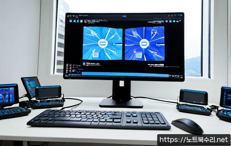 현저동 UNEXPECTED_KERNEL_MODE_TRAP - Photorealistic IT support workstation in a compact hillside Seoul office, dual monitors showing abst...