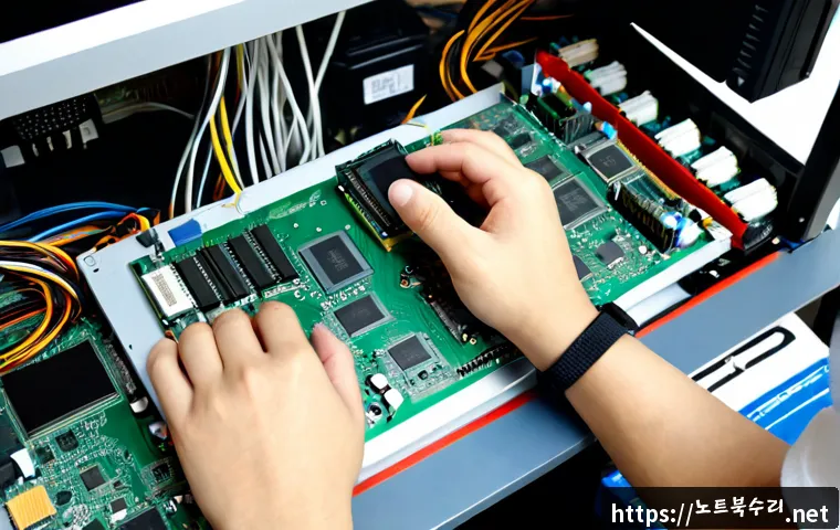 동안구 RAM조립 및 교체수리 - Photorealistic computer repair workstation in a tidy Anyang Dongan-gu electronics shop, technician w...
