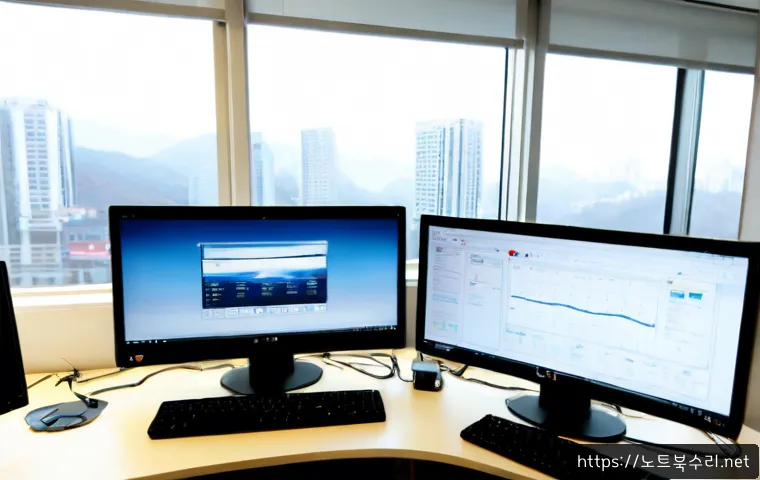 회정동 DRIVER_CORRUPTED_EXPOOL - Photorealistic IT support workstation in a compact Hwajeong-dong apartment office, dual monitors sho...
