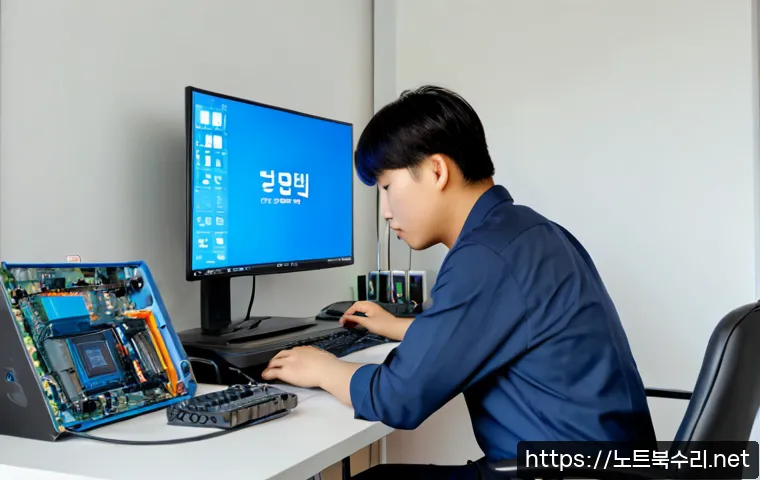 신건지동 블루스크린 - Photorealistic IT support workstation in a compact modern office near a quiet Korean residential dis...