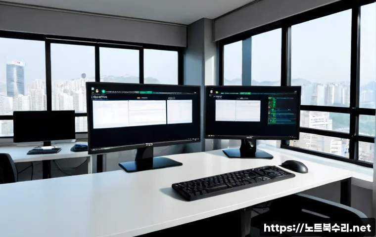 삼산동 STATUS_INVALID_SESSION - Photorealistic IT support workstation in a modern Samsan-dong office, dual monitors showing an abstr...