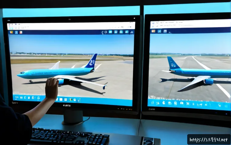 공항동 STATUS_STACK_BUFFER_OVERRUN - Photorealistic IT support workstation near an airport district, dual monitors showing a blank blue s...