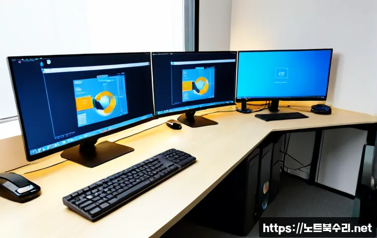 영통동 STATUS_ILLEGAL_INSTRUCTION - Photorealistic remote-support workstation in a modern Yeongtong-dong apartment office, dual monitors...