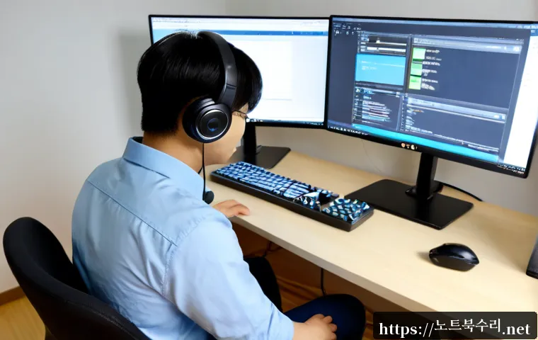 유방동 SESSION5_INITIALIZATION_FAILED - Photorealistic remote-support workstation in a compact Korean office, technician studying a dual-mon...