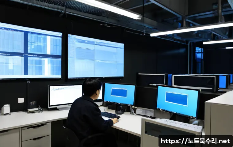 원시동 STATUS_STACK_OVERFLOW - Photorealistic software support specialist at a dual-monitor workstation in a compact industrial-off...