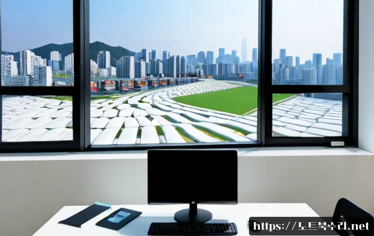 암사동 UDFS_FILE_SYSTEM - Photorealistic IT workstation in a modern Amseong-dong apartment office, dual monitors showing abstr...