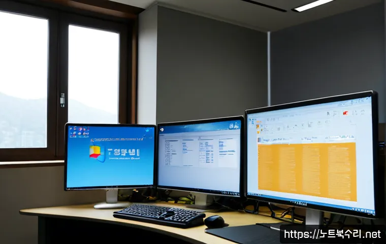서소문동 STATUS_FILE_IN_USE - Photorealistic software support workstation in a compact Seoul office near Seosomun, dual monitors s...