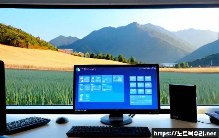 화현면 HAL_INITIALIZATION_FAILED - Photorealistic rural Korean township office workstation at dawn, dual monitors showing a blank blue ...