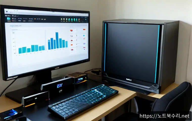 교하동 해놀로지 xpenology 구축 - Photorealistic home-office workstation for a custom NAS setup, compact black multi-bay server beside...
