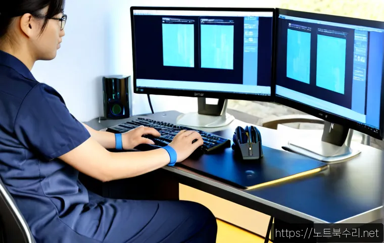 불현동 STATUS_KERNEL_STACK_CORRUPTION - Photorealistic IT support workstation in a quiet suburban office near a low wooded hillside, dual mo...