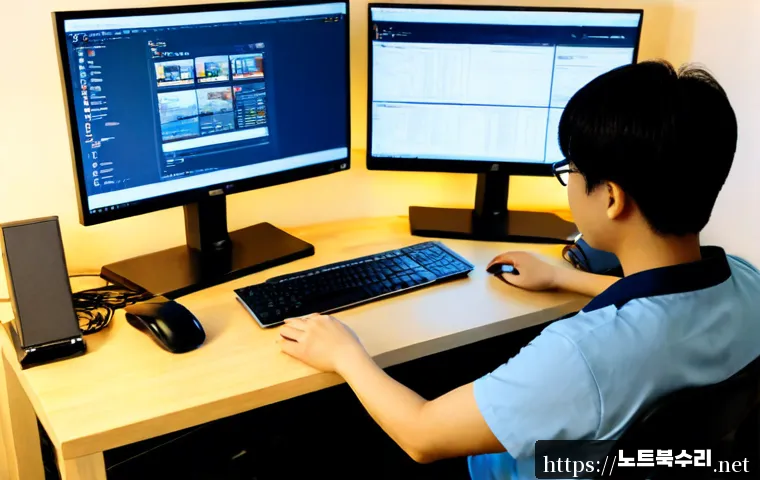 율천동 STATUS_PRIVILEGED_INSTRUCTION - Photorealistic remote IT support workstation in a compact residential apartment, dual monitors showi...