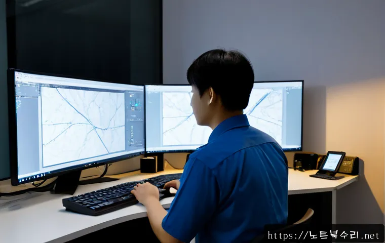 남영동 STATUS_INVALID_THREAD - Photorealistic IT support workstation in a compact Namyeong-dong office, ultrawide monitor showing a...