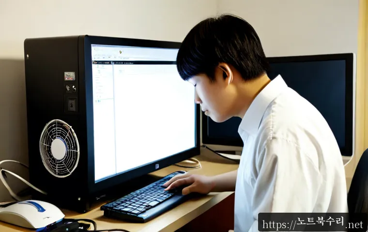 하지석동 본체 꺼졌다 켜졌다 할때 - Photorealistic desktop computer repair scene in a compact apartment workspace, tower PC repeatedly r...