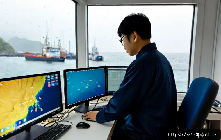 연평면 STATUS_KERNEL_CONNECTION_TIMEOUT - Photorealistic coastal support office on a small Korean island, IT technician at a dual-monitor work...