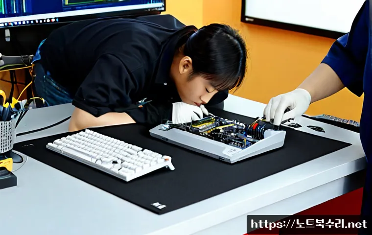 동교동 아이맥 판매 및 수리 - Photorealistic computer repair workstation in Donggyo-dong, technician carefully opening an all-in-o...
