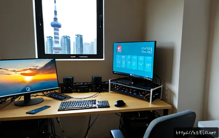 응암동 DEVICE_DRIVER_MISMATCH - Photorealistic remote-support workstation in a compact Eungam-dong apartment office, dual monitors s...