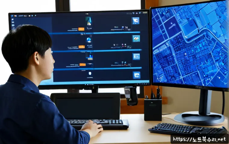 청룡동 STATUS_KERNEL_STACK_CORRUPTION - Photorealistic remote IT support workstation in a compact hillside neighborhood office, dual monitor...
