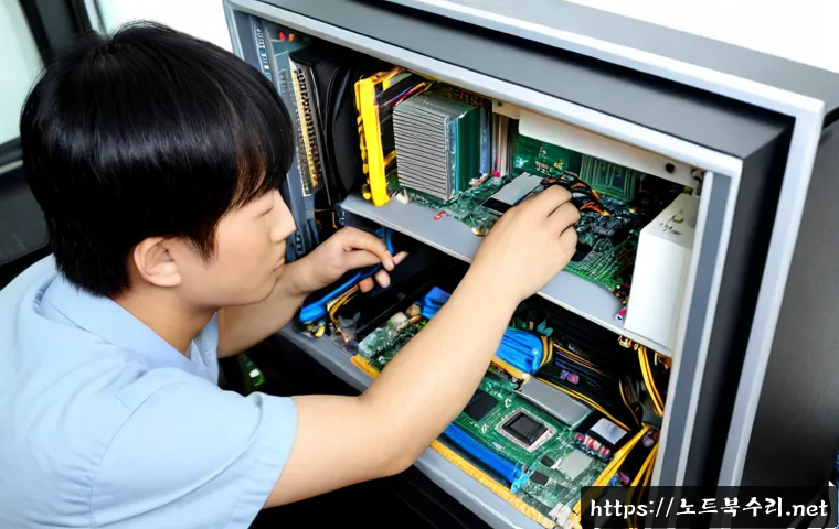 운서동 VGA조립 및 교체수리 - Photorealistic computer repair workstation in Unseo-dong, technician installing a powerful graphics ...
