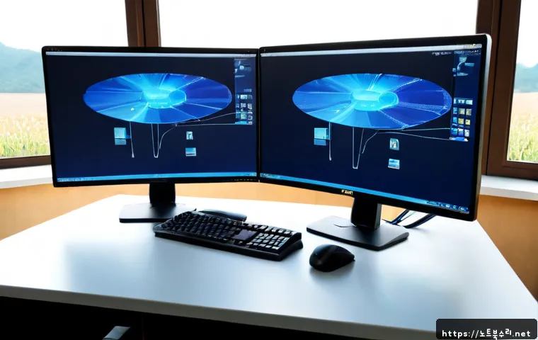 신서면 NTFS_FILE_SYSTEM - Photorealistic IT support workstation in a quiet rural township office, dual monitors showing abstra...