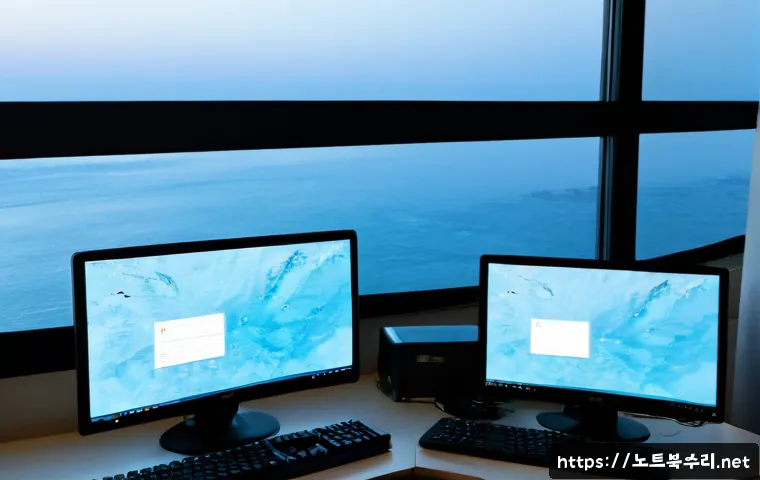 용유동 KERNEL_MODE_HEAP_CORRUPTION - Photorealistic remote-support workstation in a quiet Yongyu-dong coastal apartment, dual monitors sh...