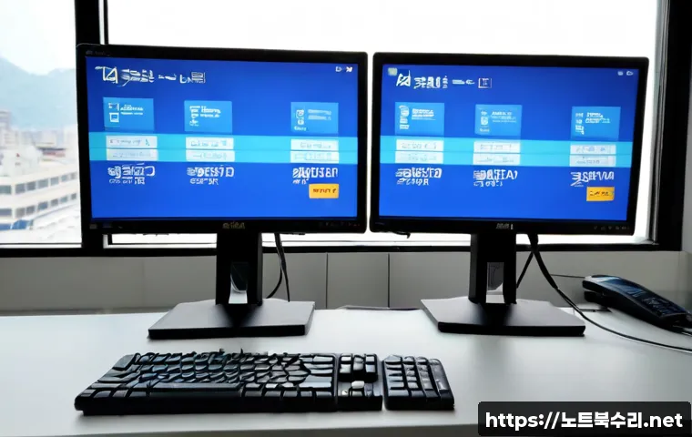 안산시 BAD_POOL_CALLER - Photorealistic IT support workstation in Ansan, dual monitors showing a generic blue system crash sc...