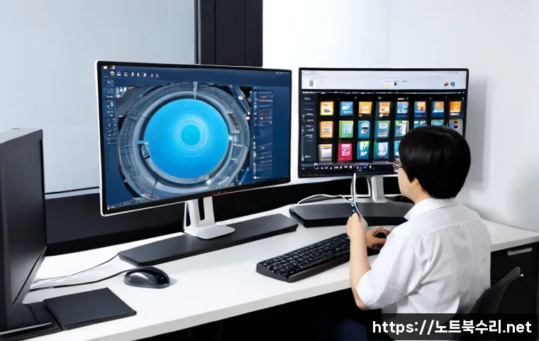 토정동 STATUS_ACCESS_VIOLATION - Photorealistic remote support workstation in a compact riverside district office, dual monitors show...
