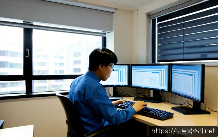 북변동 STATUS_STACK_UNDERFLOW - Photorealistic IT support workstation in a quiet North Gyeonggi suburban office, dual monitors showi...