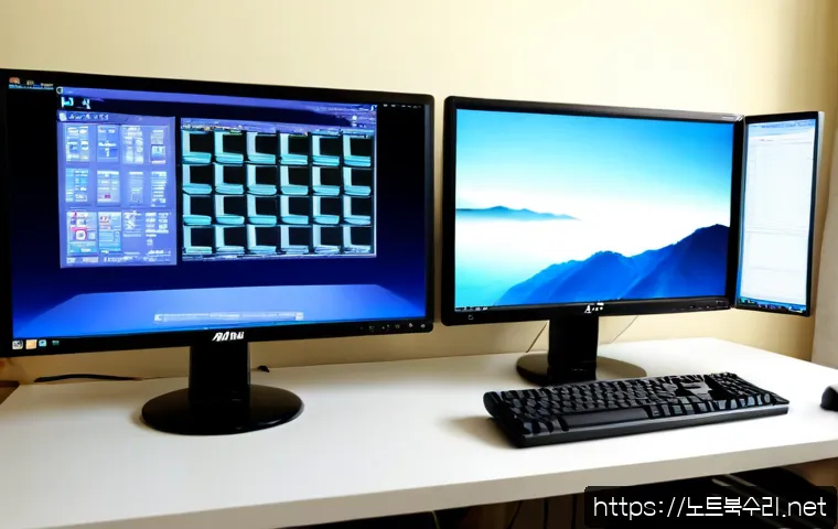 가업동 UNEXPECTED_KERNEL_MODE_TRAP - Photorealistic IT support workstation in a quiet Korean apartment-office district, dual monitors wit...