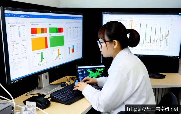 연건동 STATUS_KERNEL_LOG_FAILURE - Photorealistic IT support workstation in a compact Yeongeon-dong research office, dual monitors show...