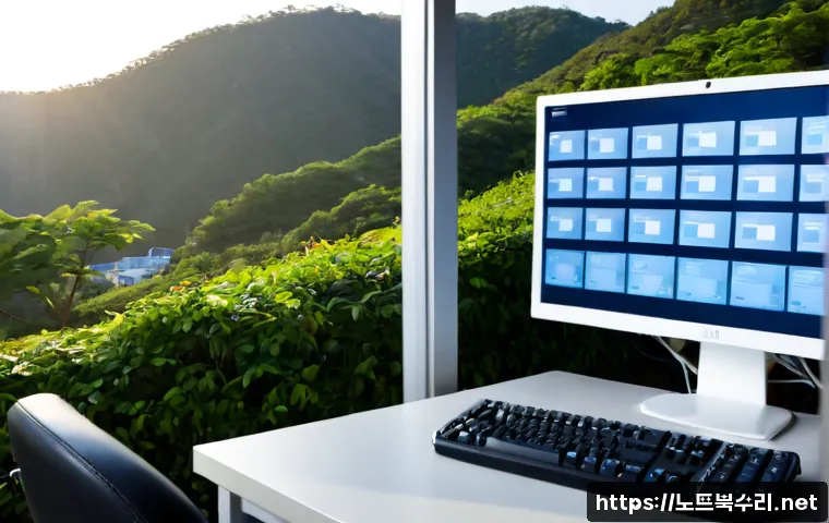 도원동 STATUS_FILE_IN_USE - Photorealistic IT support workstation in a compact Korean office near a quiet hillside neighborhood,...