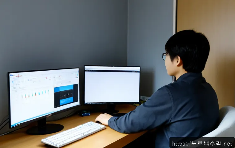 용현동 STATUS_INVALID_OBJECT - Photorealistic remote-support workstation in a compact Korean apartment office, dual monitors showin...
