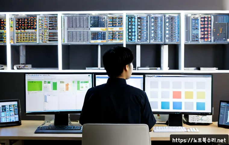 본오동 STATUS_CONTROL_C_EXIT - Photorealistic software engineer at a dual-monitor workstation, carefully stopping a complex 3D auto...