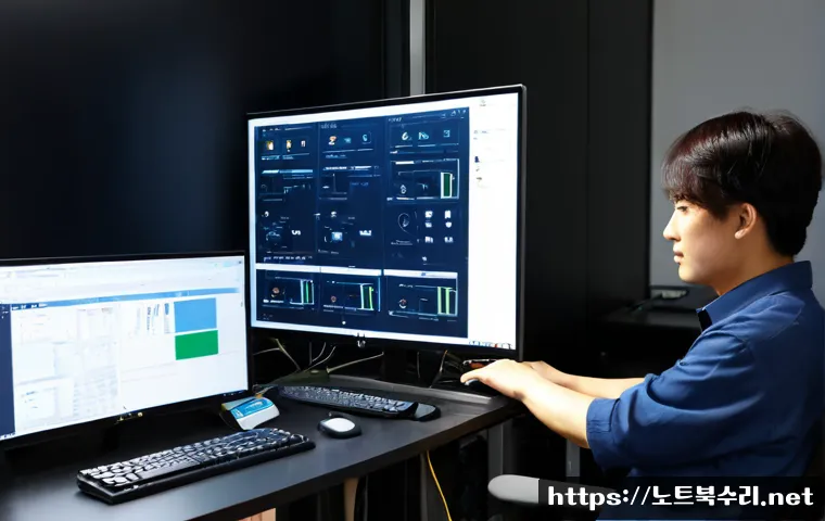 간석동 컴퓨터멈춤 - Photorealistic remote-support workstation in a compact Ganseok-dong apartment, dual monitors frozen ...