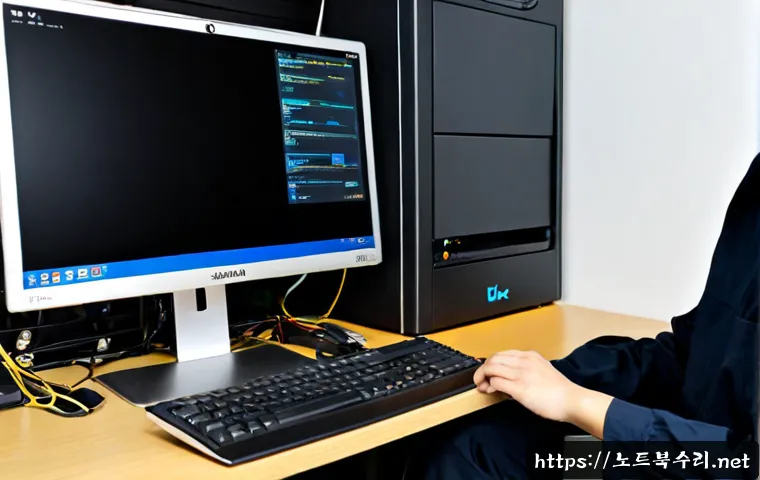 남학동 UNMOUNTABLE_BOOT_VOLUME - Photorealistic IT repair workstation in a compact Namhak-dong office, desktop tower opened beside a ...